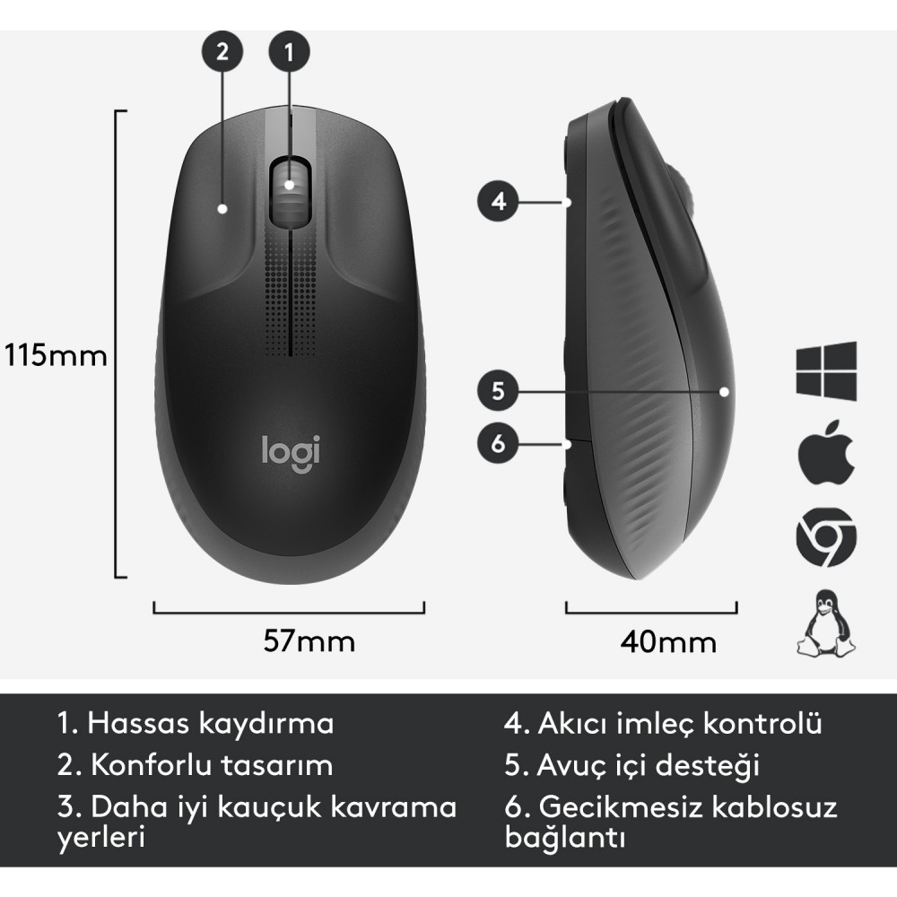 Logitech M191 Büyük Boy USB Alıcılı 1.000 DPI Kablosuz Mouse - Gri